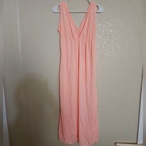 Vintage 70s Peach Nylon Nightgown Empire Waist Maxi Sleeveless V-Neck Small